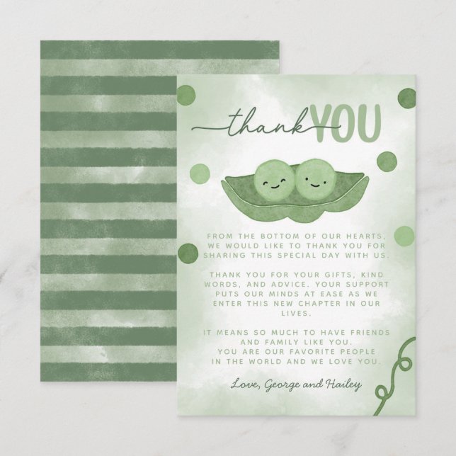 Two Peas In a Pod Twin Baby Shower Thank You Card (Front/Back)