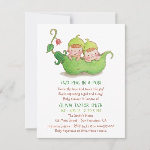 Two Peas in a Pod Twin Baby Shower Watercolor Invitation