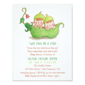 Two Peas in a Pod Twin Baby Shower Watercolor Invitation