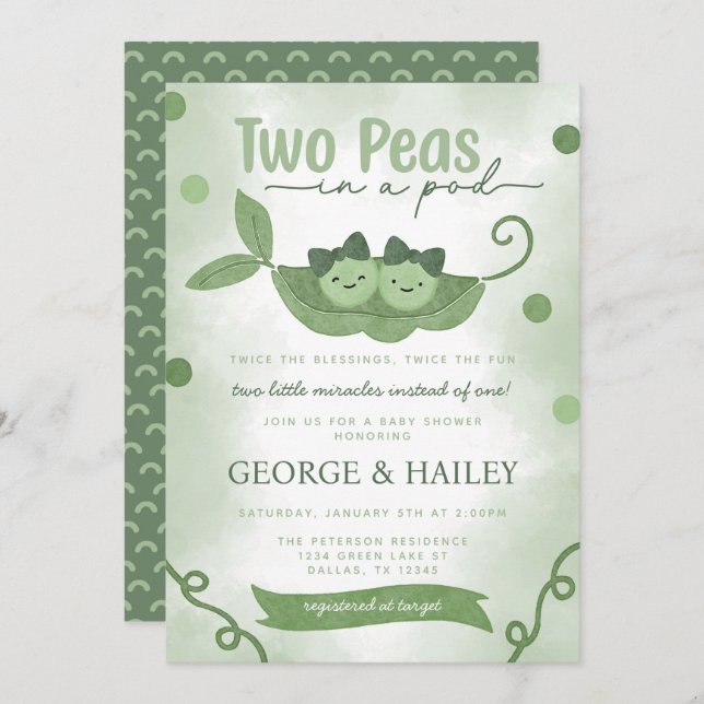 Two Peas In a Pod Twin Girls Baby Shower Invitation (Front/Back)