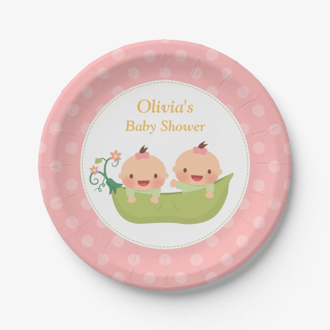 Two Peas in a Pod Twin Girls Baby Shower Pink Paper Plates (Front)