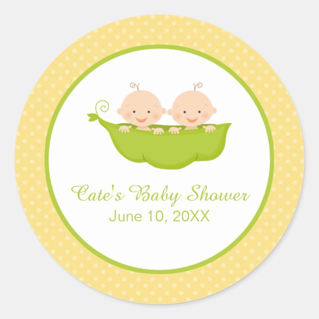 Two Peas in a Pod, Twins Baby Shower Personalized Classic Round Sticker (Front)