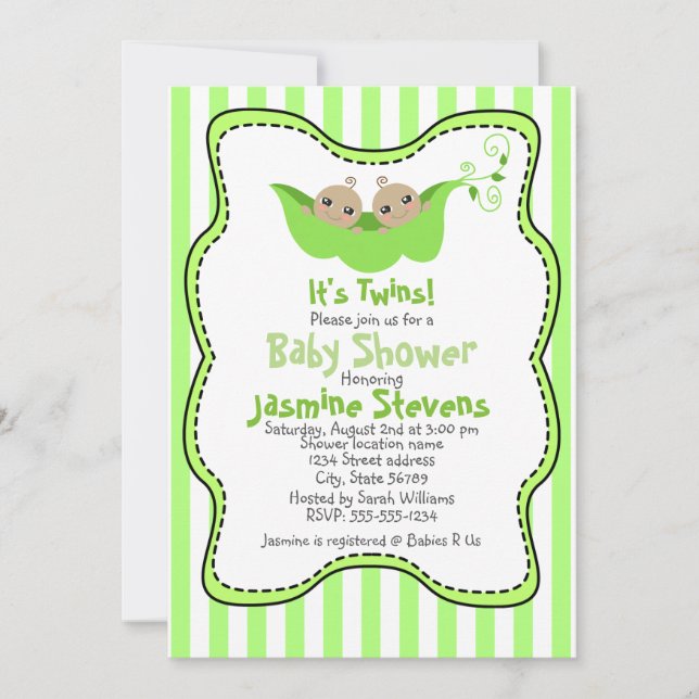 Two Peas in a Pod Twins Stripes Baby Shower Invitation (Front)