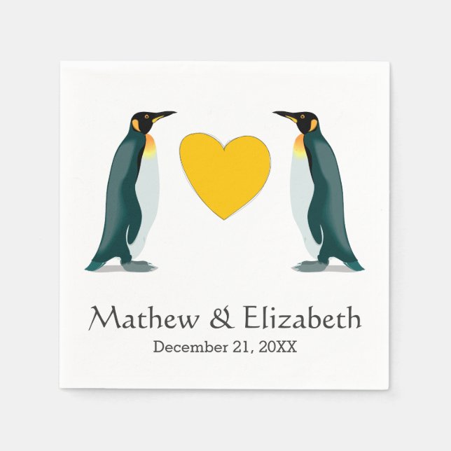 Two Penguins | Yellow Heart | Wedding Paper Napkins (Front)