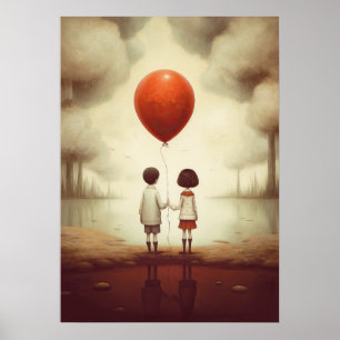 Two people holding hands with a red balloon poster
