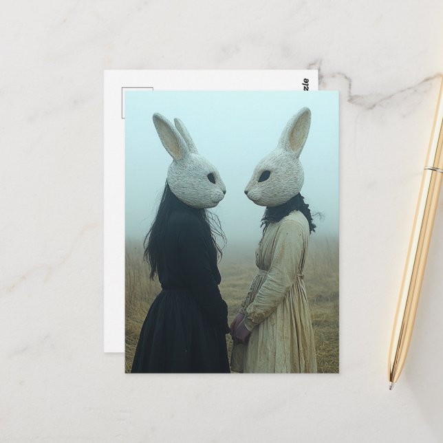 Two People in Rabbit Masks in Fog Postcard (Front/Back In Situ)