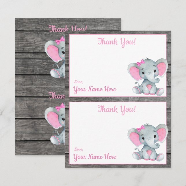 Two Per Page Thank You Cards Elephant Girl Shower (Front/Back)