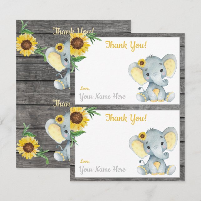 Two Per Page Thank You Cards Elephant Girl Shower (Front/Back)