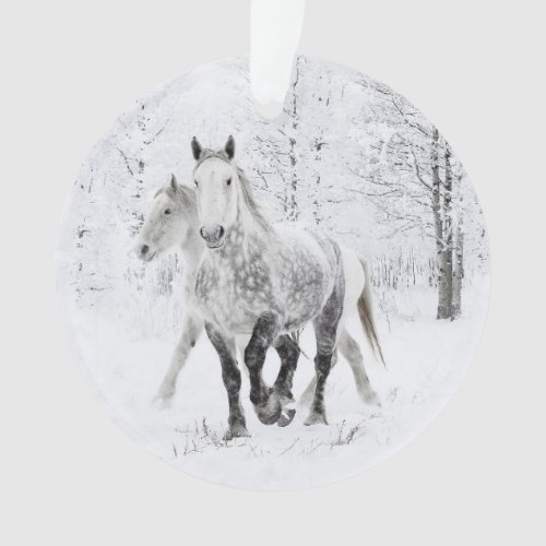 Two Percheron Mares Run in the Snow Ornament