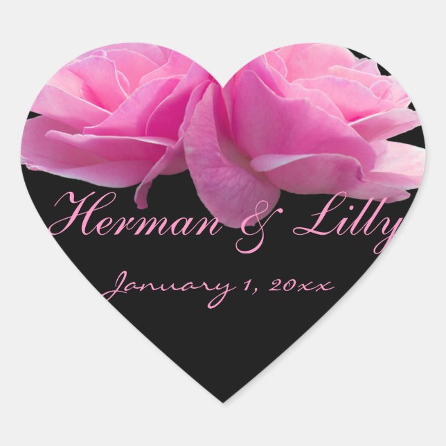 Two Perfectly Pink Roses Personalized Wedding Heart Sticker (Front)