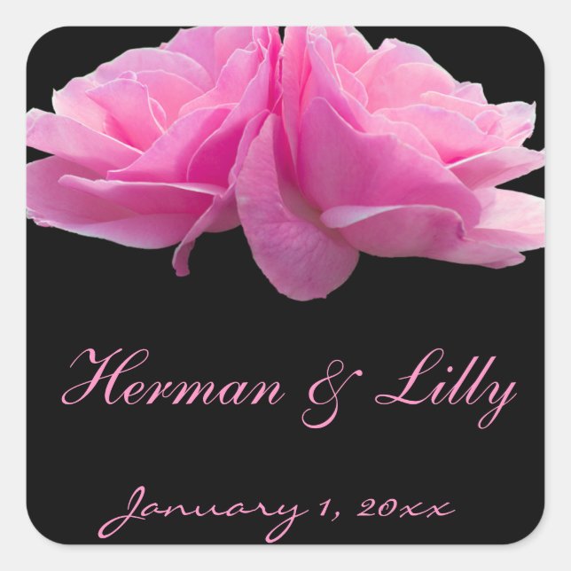 Two Perfectly Pink Roses Personalized Wedding Square Sticker (Front)