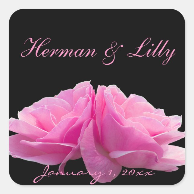 Two Perfectly Pink Roses Personalized Wedding Square Sticker (Front)
