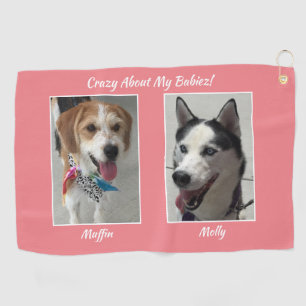Two Pet Photos, Names & Message Customize, Coral Golf Towel