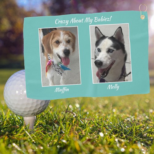 Two Pet Photos Names  Message Customize Teal Golf Towel