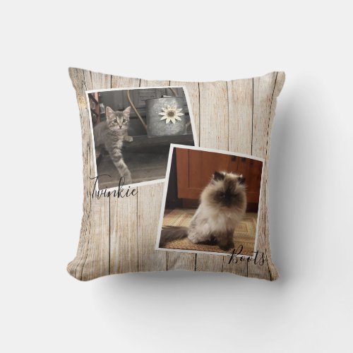 Two Pet Photos On Rustic Wood Background  Throw Pillow