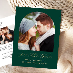 Two Photo Arch Emerald Green QR Code Save the Date Postcard