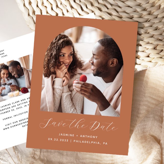 Two Photo Arch Terracotta QR Code Save the Date Postcard (Creator Uploaded)