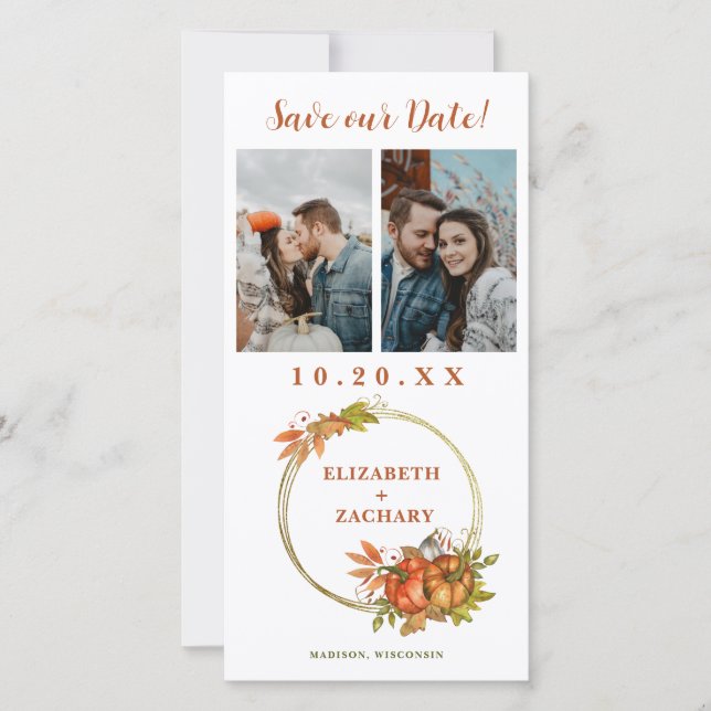 Two Photo Autumn Pumpkins Fall Wedding Save The Date (Front)