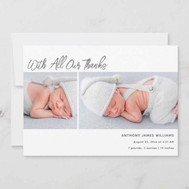 Two Photo Baby Birth Statistics Thank You  Announcement (Front)