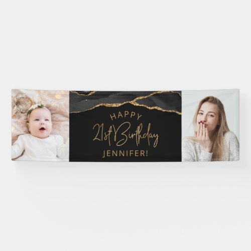 Two Photo Black Gold Agate 21st Birthday Banner