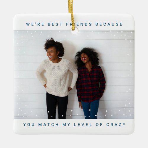 Two Photo Blue Best Friend Snowfall Holiday Ceramic Ornament