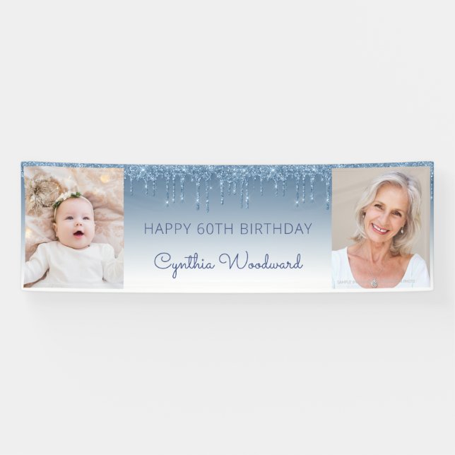 Two Photo Blue Dripping Glitter 60th Birthday Banner (Horizontal)