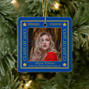Two Photo Blue Gold Class Year Graduation Ceramic Ornament