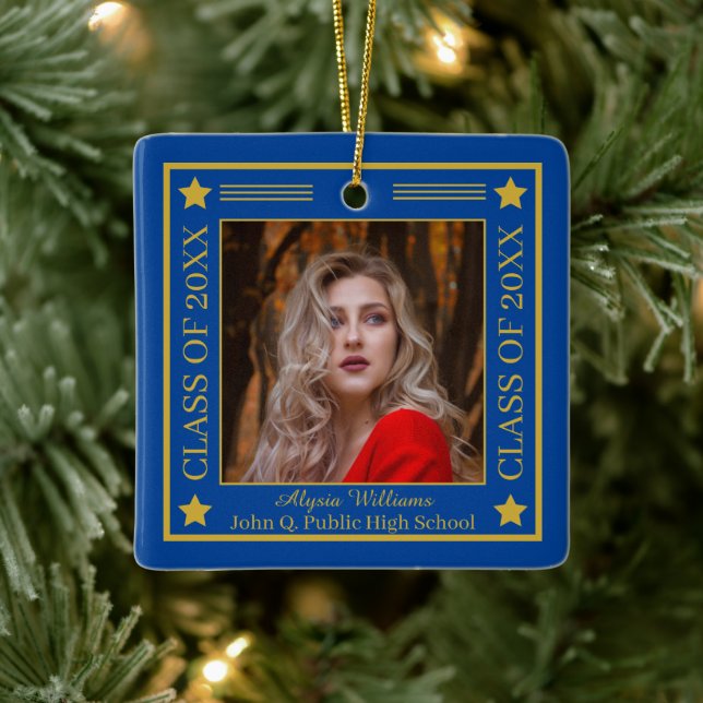 Two Photo Blue | Gold Class Year Graduation Ceramic Ornament (Tree)