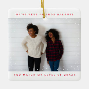 Two Photo Bold Red Best Friend Snowfall Holiday Ceramic Ornament