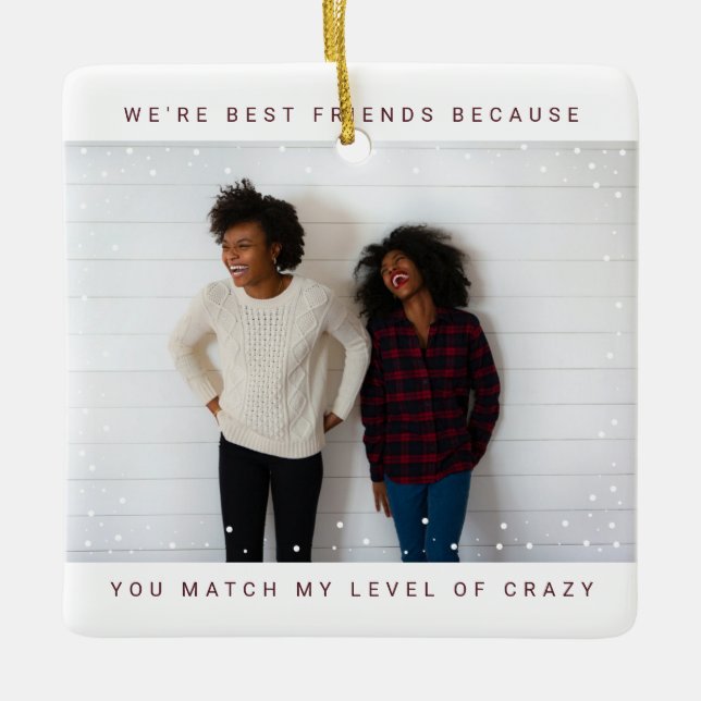 Two Photo Burgundy Best Friend Snowfall Holiday Ceramic Ornament (Front)