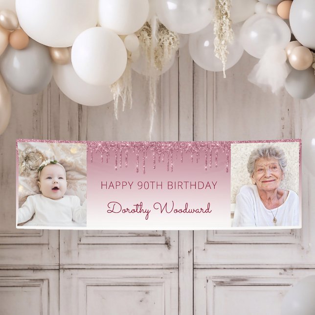 Two Photo Burgundy Dripping Glitter 90th Birthday Banner (Creator Uploaded)