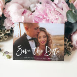 Two Photo | Casual Script Save the Date Announcement Postcard<br><div class="desc">This modern and elegant save the date postcard features two of your favorite personal photos,  with casual white handwritten script. The back contains a second photo with a translucent overlay,  and more of your wedding details and information. A simple and modern look that will fit perfectly with your style!</div>