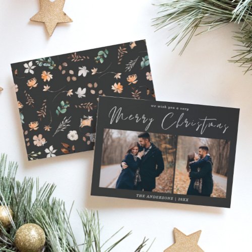Two Photo Christmas Botanical Watercolor Floral Holiday Card