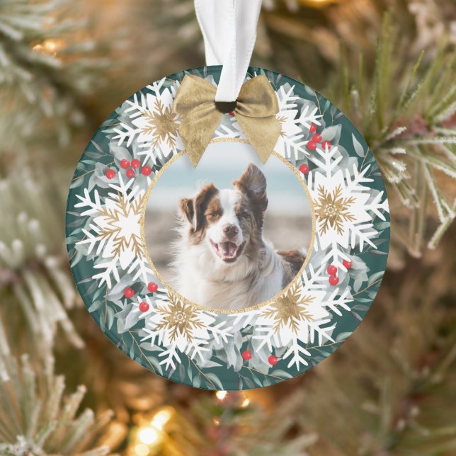 Two Photo Christmas Festive Snowflake Green Wreath Ornament (Tree)