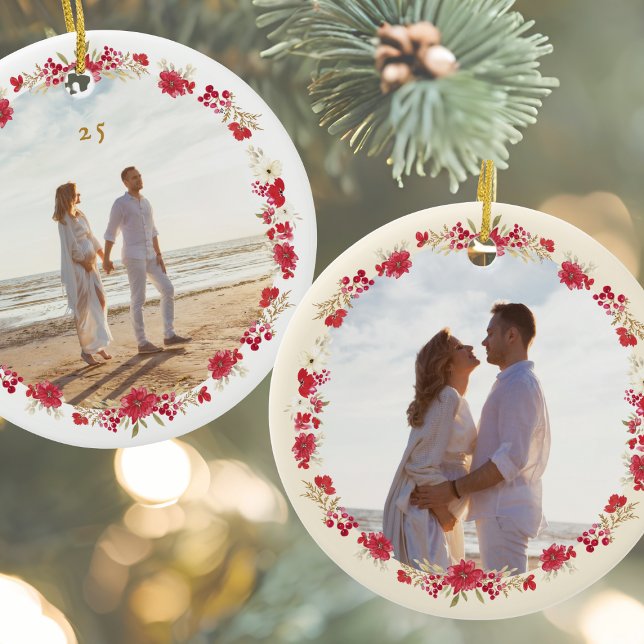 two photo christmas holiday botanical wreath  ceramic ornament (Creator Uploaded)