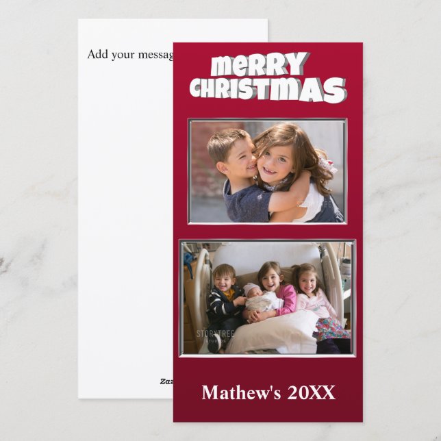 Two Photo Christmas Red Add Message on Back Family Holiday Card (Front/Back)
