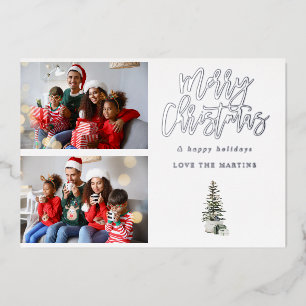 Two Photo Christmas Tree Modern Foil Invitation