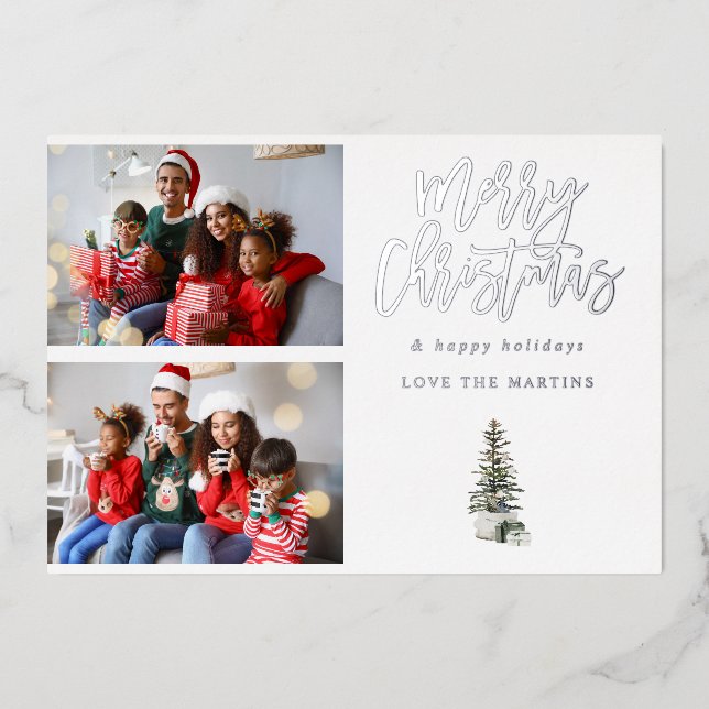 Two Photo Christmas Tree Modern Foil Invitation (Front)