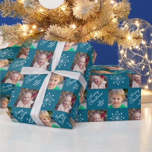 Two Photo Collage Dark Teal Merry Christmas Wrapping Paper