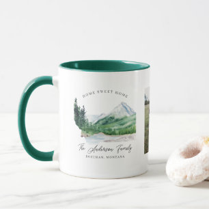 Two Photo Collage   Family Name Monogram Montana Mug