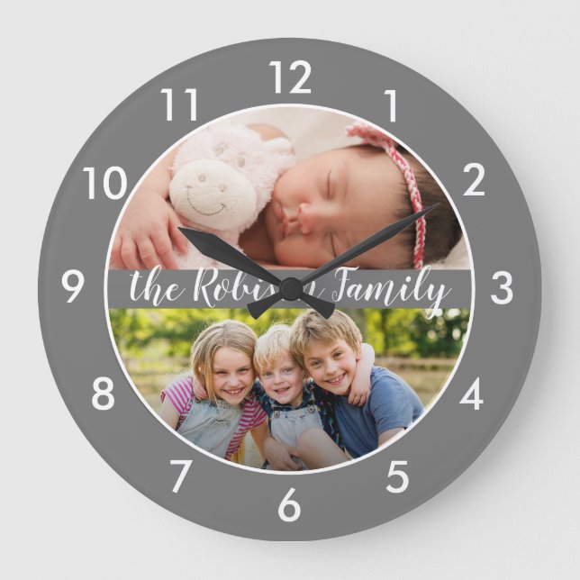 Two Photo Collage Gray Custom Large Clock (Front)
