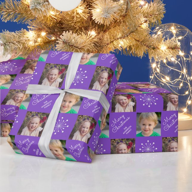 Two Photo Collage Purple Merry Christmas Wrapping Paper (Holidays)
