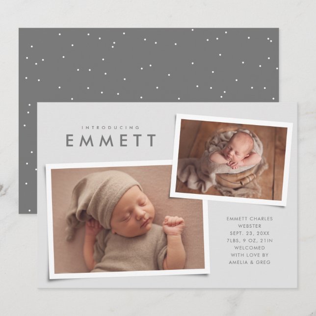 Two photo collage simple type gray birth announcement (Front/Back)