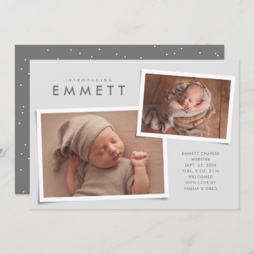 Two photo collage simple type gray birth announcement