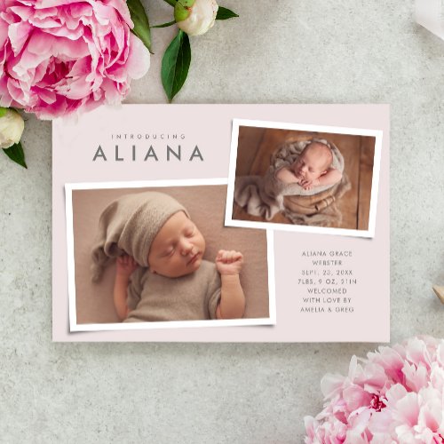 Two photo collage simple type pink birth announcement