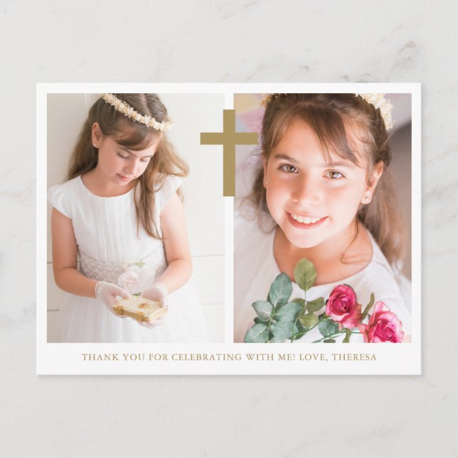 Two Photo Cross First Communion Thank You Postcard (Front)