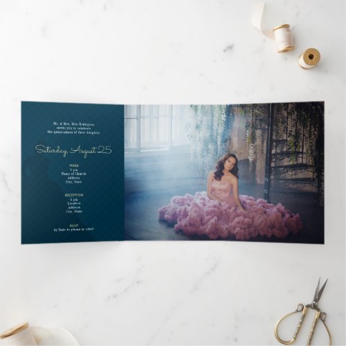 Two Photo Crowned Silhouette with Moon Quinceanera Tri_Fold Invitation