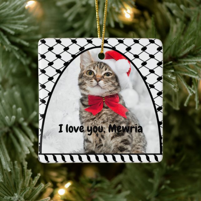 Two Photo Custom Text Keffiyeh Free Palestine Ceramic Ornament (Tree)