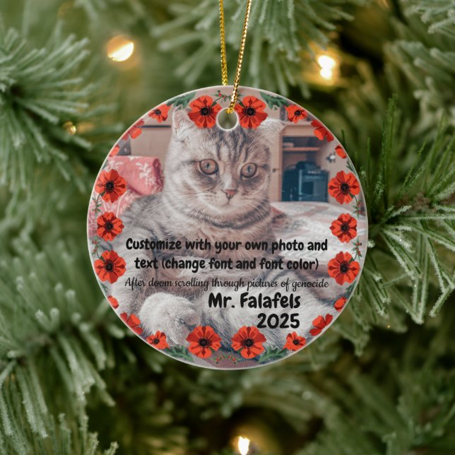 Two Photo Custom Text Red Poppies Free Palestine Ceramic Ornament (Tree)