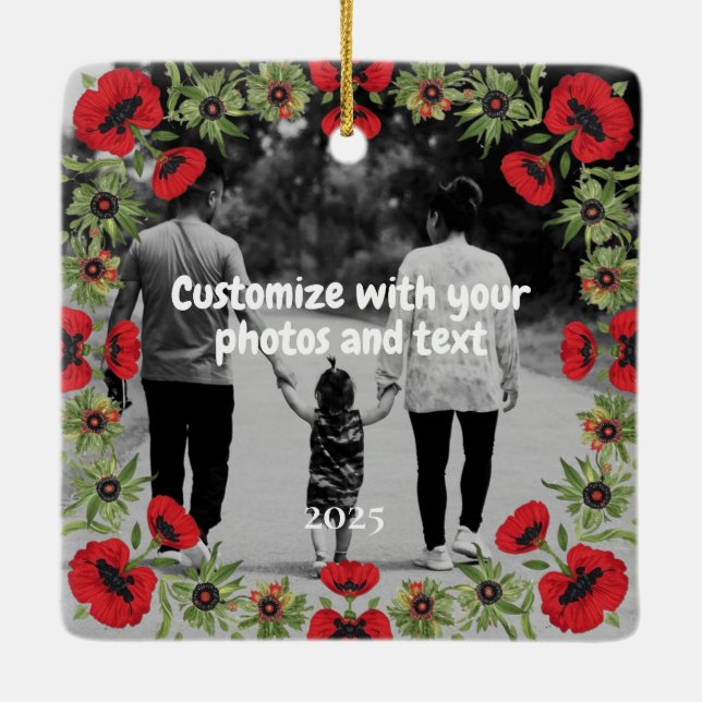 Two Photo Custom Text Red Poppies Free Palestine Ceramic Ornament (Back)